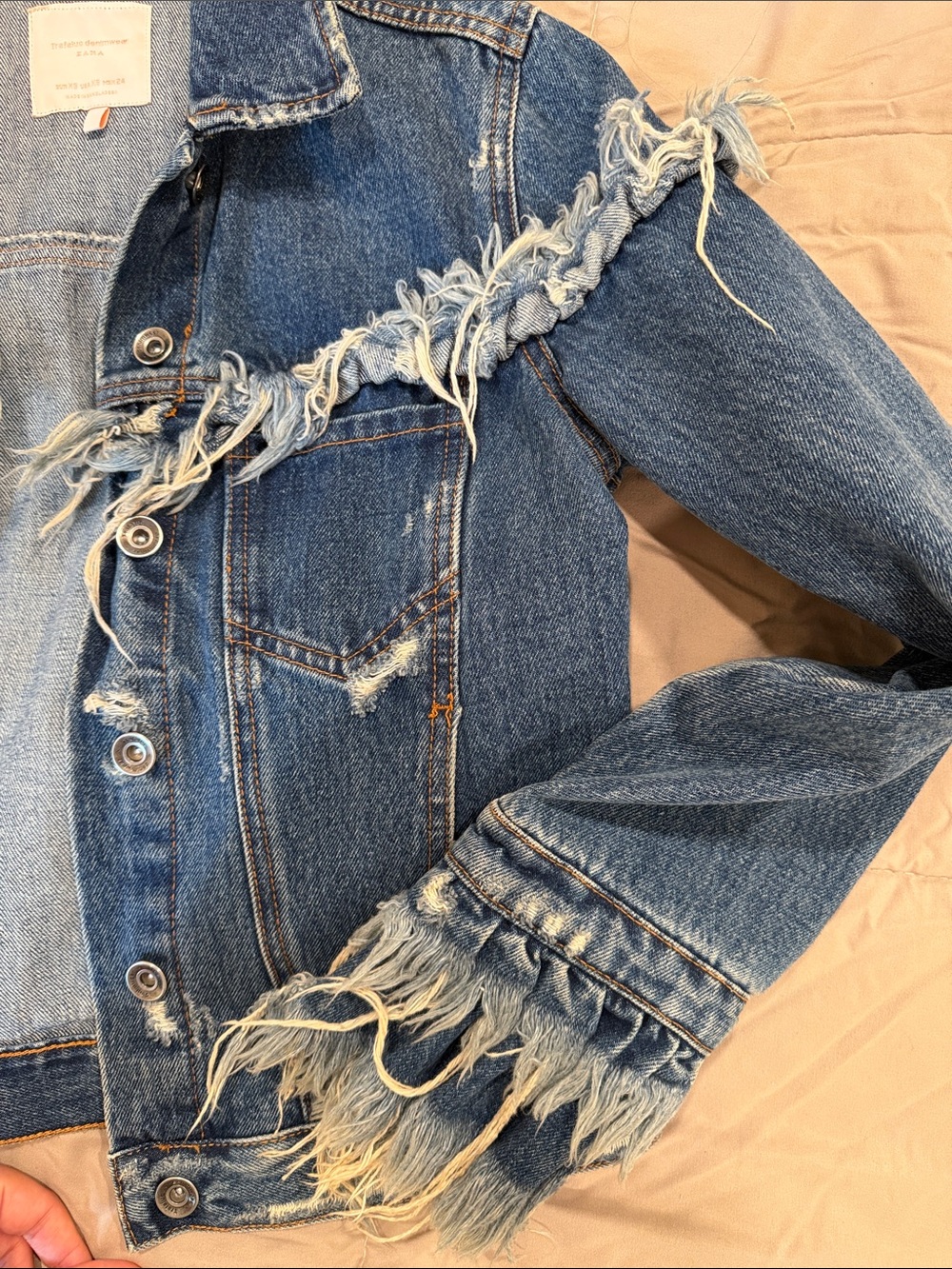 Zara Frayed Trim Denim Jacket in Medium Blue - Picture 4 of 5